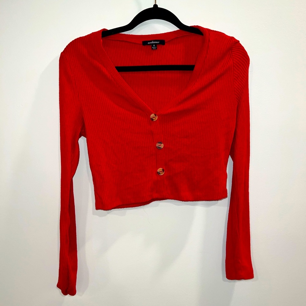 ❤️✨Ambiance✨❤️Red Sweater Material Size Medium With Fake Buttons V Neck